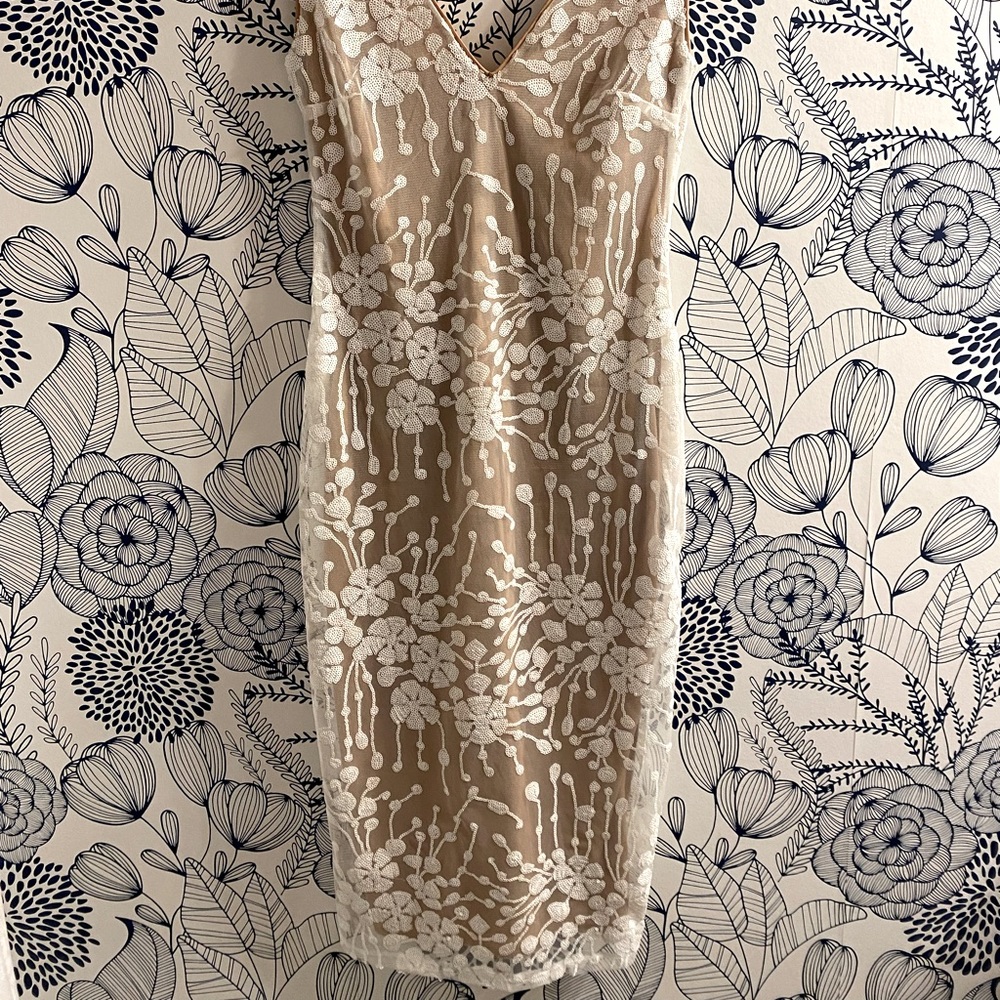 White sequin midi dress with nude underlay